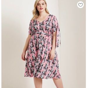 Eloquii Tie Sleeve V Neck Dress (Pink)